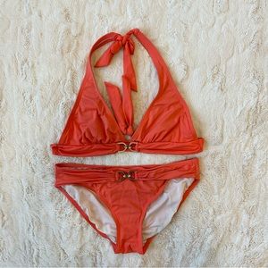 Michael Kors Bikini Set Orange Size Medium Gold Accent Triangle Halter Top